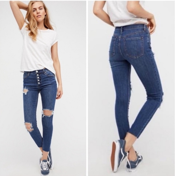 Free People Button Fly Distressed Skinny Jeans - Picture 14 of 14